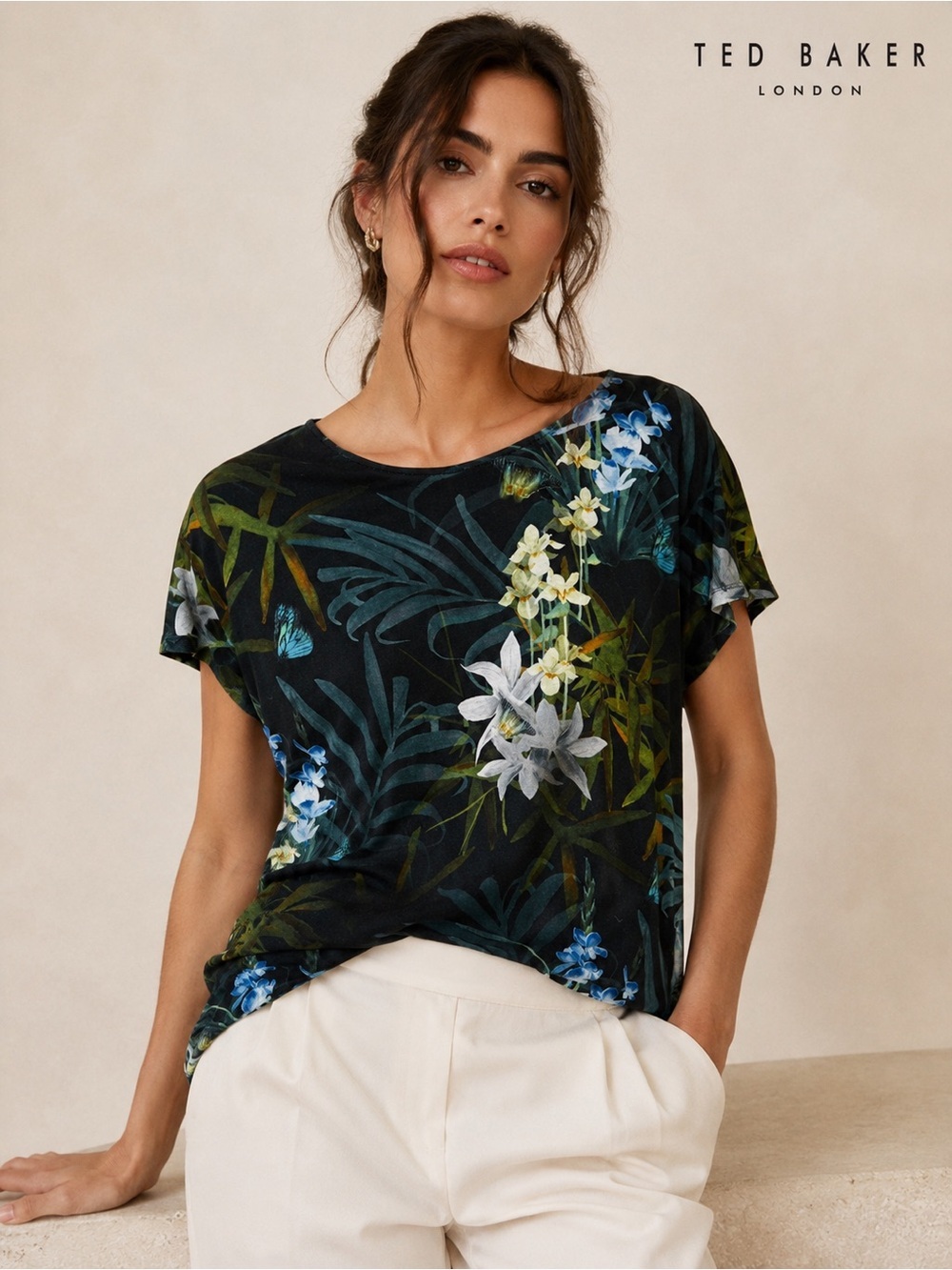 Ted Baker London Tropical Floral Butterfly Print Top Size 2